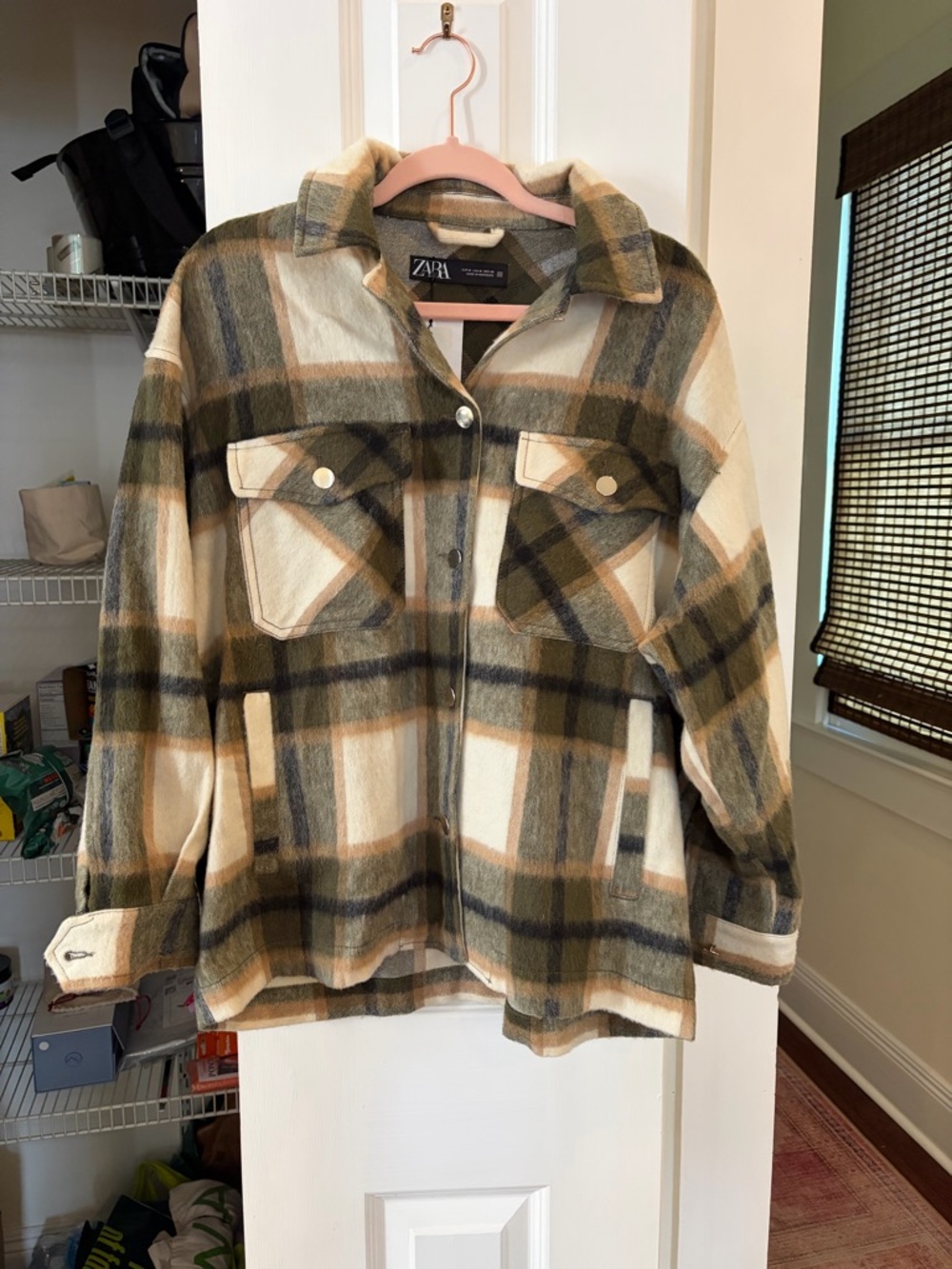 Zara Olive, Cream & Brown Plaid Shacket Jacket